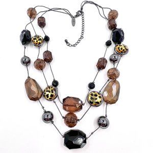 NY & CO - Gold, Brown, Black & Cheetah Chunky Beaded Gunmetal Tone 16” Necklace